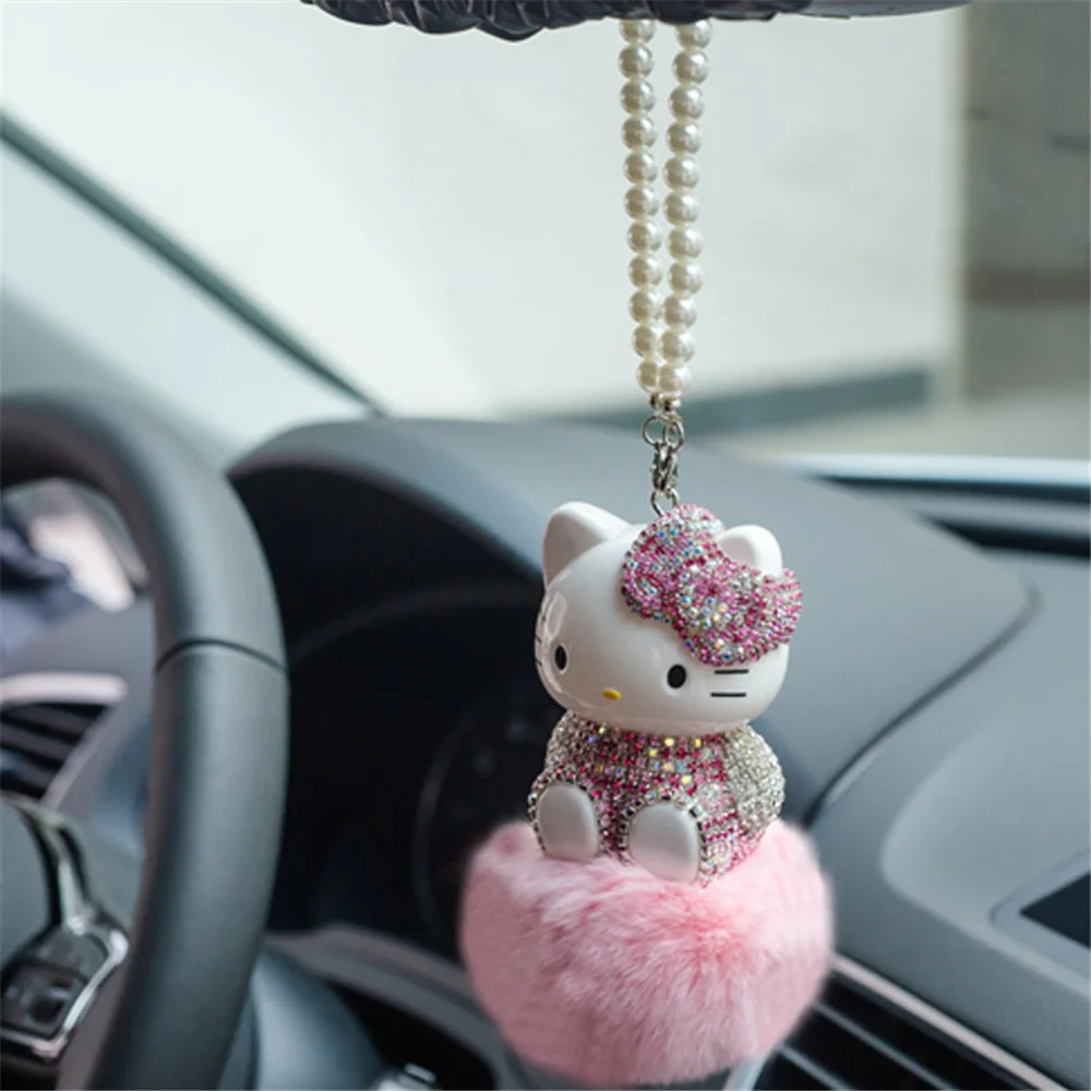 Kawaii Hello Kittys Plush Car Pendant Anime Kt Cat Hairball Diamond Ornaments Rear View Mirror Pendant Car Decor Accessories