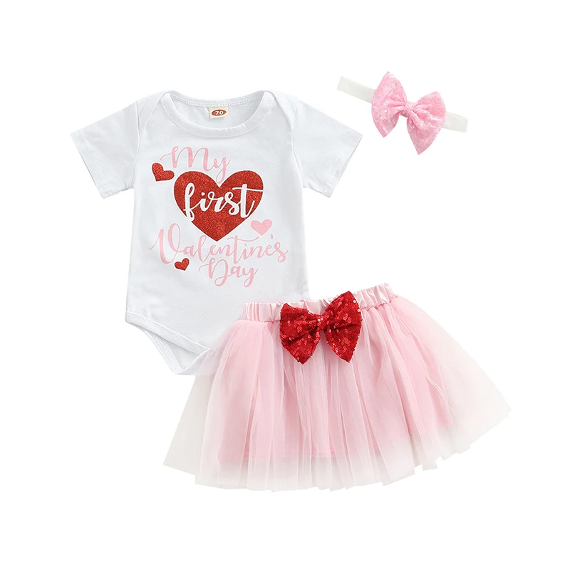 

Baby Girls Three-piece Clothes Set, White Letters and Heart Print Round Collar Short Sleeve Romper, Yarn Skit and Headdress