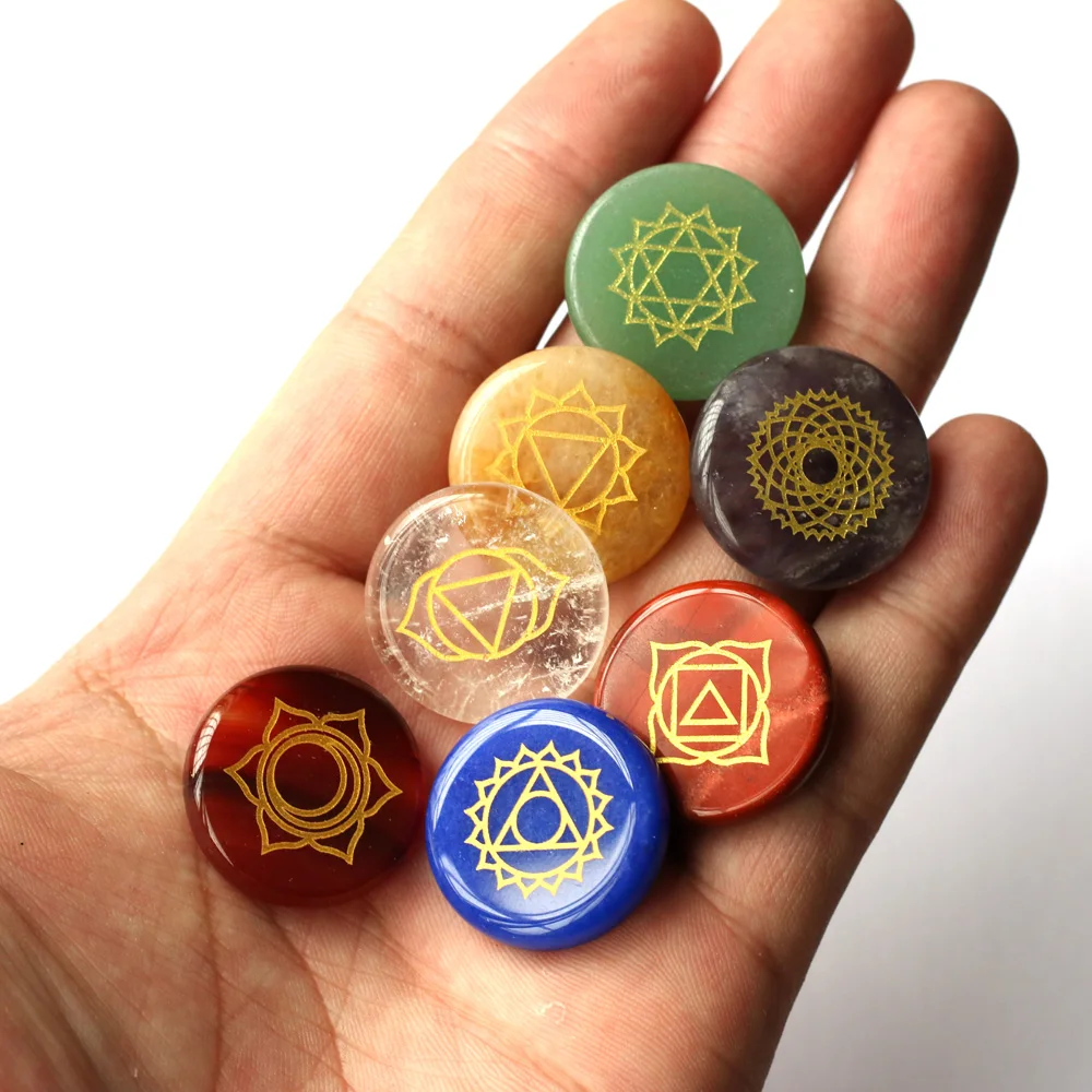 

7PCS Natural Chakra Stones Engraved Symbols Polished Palm Stone Reiki Crystal Healing Natural Stone Divination