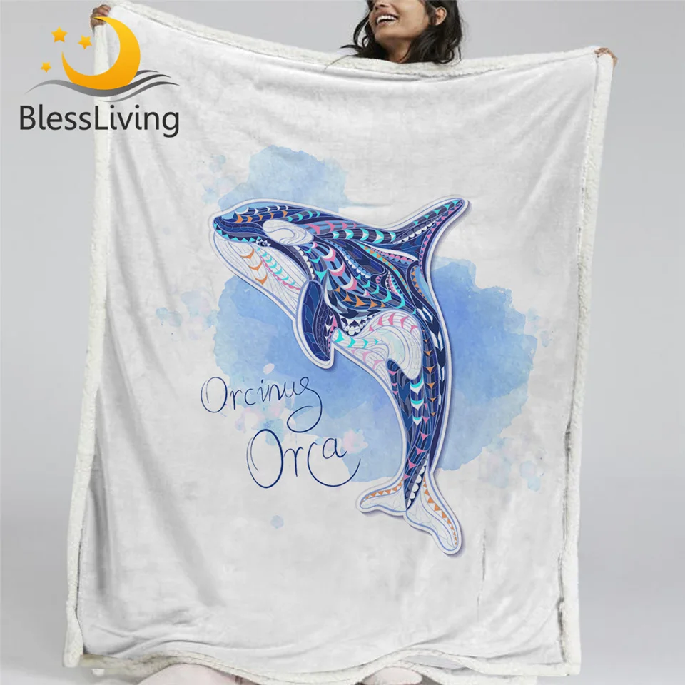 

BlessLiving Orcinus Orca Bed Blanket Watercolor Animal Totem Furry Blanket Grunge Throw Blanket Ocean Theme Dolphin Whale Mantas