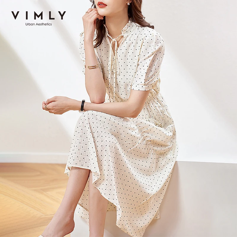 Платье-макси в горошек с V-образным вырезом и поясом на резинке | Женская одежда