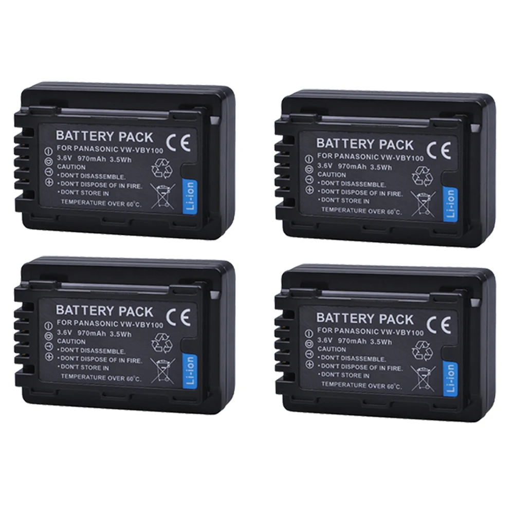 

4pc 3.6V 970mAH VW-VBY100 VW VBY100 VBY100 Rechargeable Li-ion Battery for Panasonic HC-V201 HC-V110 HC-V110GK HC-V110K HC-V110P
