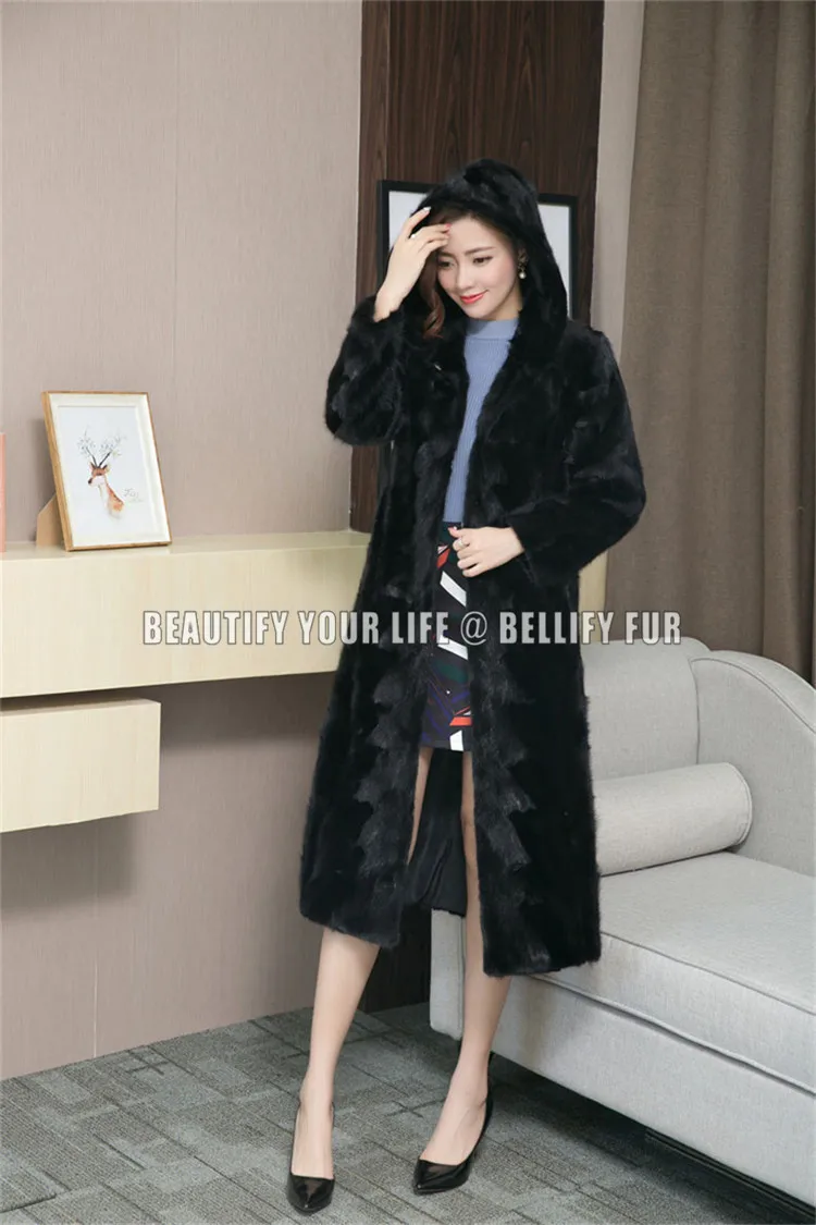 Женский Длинный тренчкот с капюшоном теплый из натурального меха норки