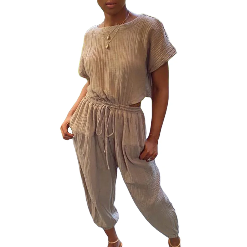 

Womens Short Sleeve Cropped Pants Suit Fashion Solid Color Backless T-shirt and Loose High-waist Long Pants