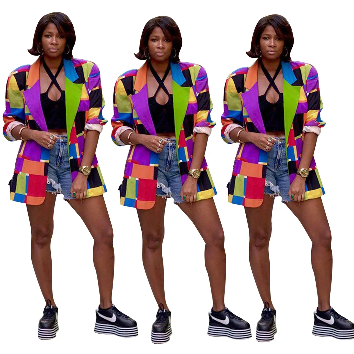 

Donsignet Fashion Women Blazers Multicolor Plaid Single Breasted Turn-Down Collar Knitted Women Blazers