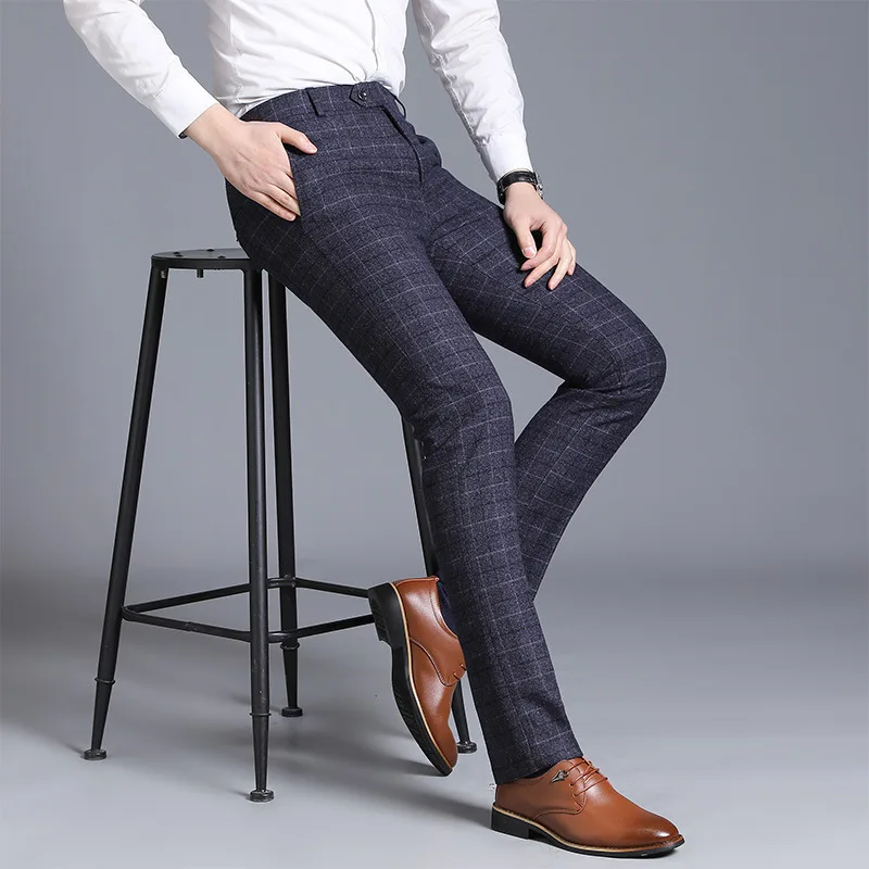 

High Quality Suit Pants Men Business Casual Wedding Long Trousers Man England Stly Plaid Office Formal Pants Brand Men Clothing
