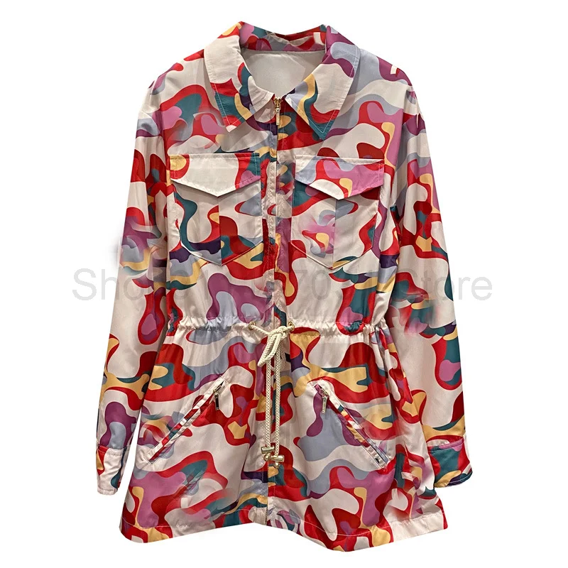 

2021 camouflage Lapel with cap and belt tie long sleeve thin coat fashion