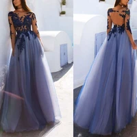sexy navy tulle long evening dress a line illusion full sleeves top lace appliqued open back floor length prom party dresses