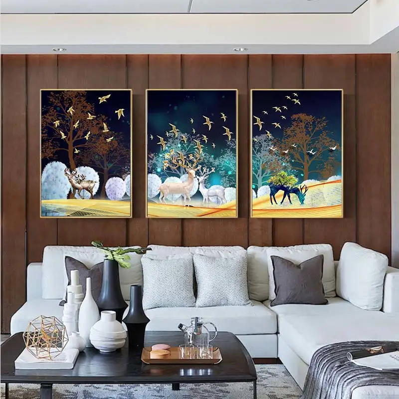 Северный лес олень животное и Птицы Пейзаж Холст Картина постер для декораций