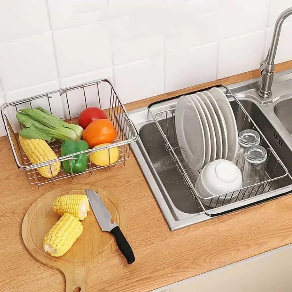 

Adjustable Over Sink Dish Drying Rack Stainless Steel Kitchen Storage Drainer Basket Fruit Bowl Dish Glass Drying Rack