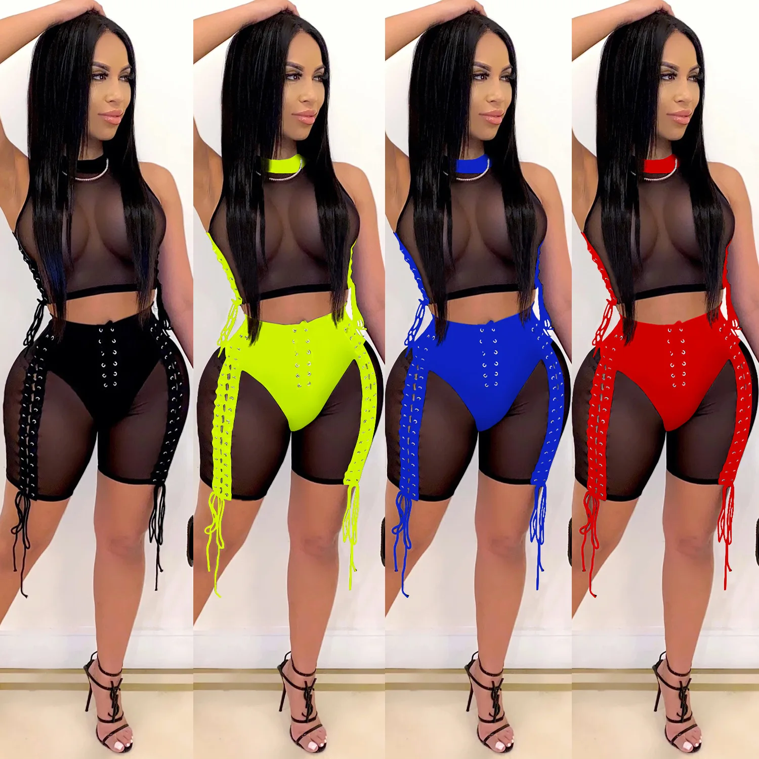 

Zoctuo Women Lace Up Sexy Tracksuit Two Piece Set Mesh See Though Patchwork Tops and Shorts Suit Club Party Fitness Outfits