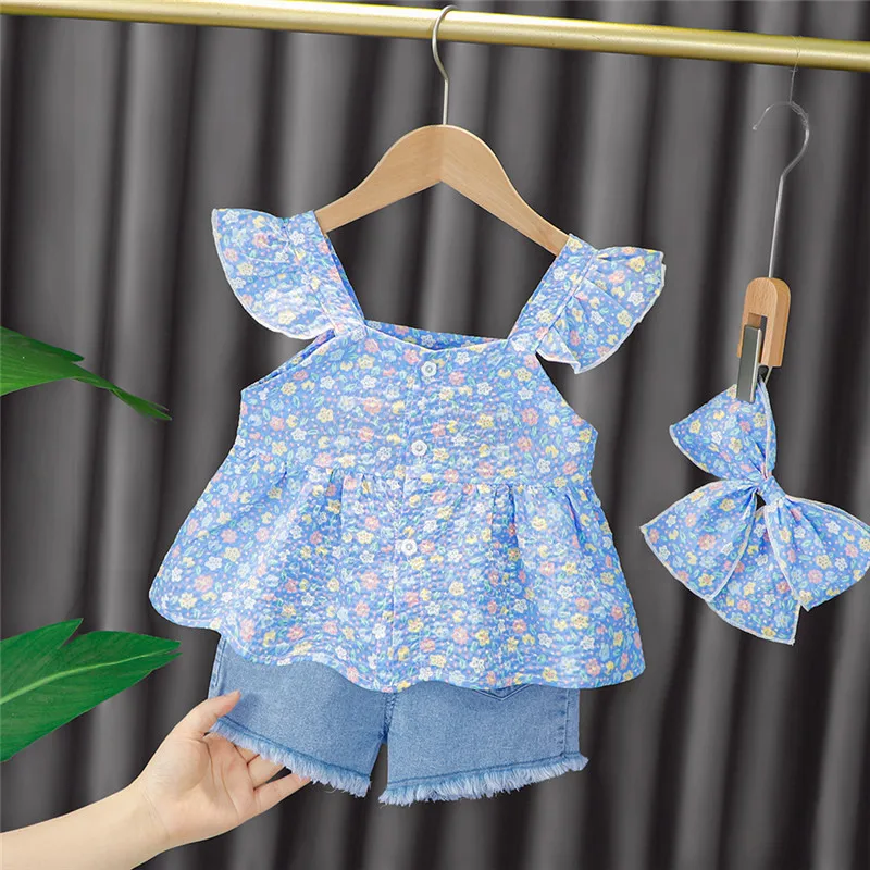 

New Style Baby Girl Fashion Suit Baby Girl Clothes Square Neck Ruffle Short Sleeve + cute Denim Shorts Children's Clothing