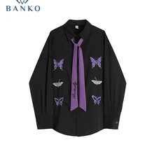 Woman Butterfly Embroidery Harajuku 2022 Spring Shirts Casual Polo Long Sleeve Button Tops Black All