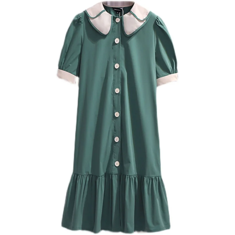 

4XL Plus Size Women Vintage Green Ruffle Dress Summer 2021 Cute Peter Pan Collar Puff Sleeve Loose Casual Shirt Dresses