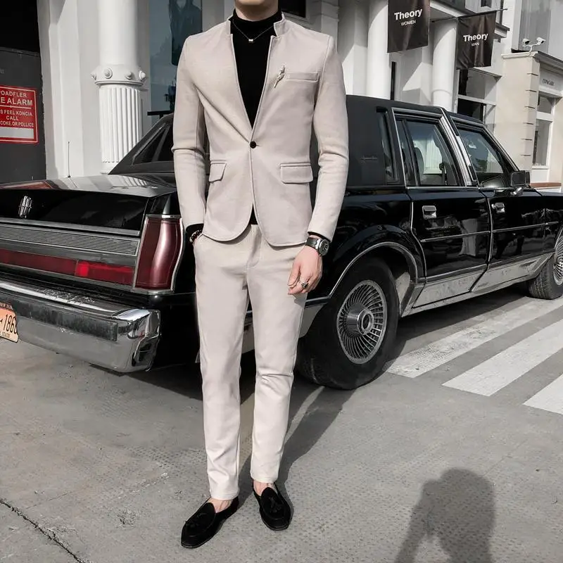 

2022 Chinese Style Business Casual Men Jacket + Suit Pants Autumn New Collarless Male Slim Fit Two Pieces Suit Set Men Clothing