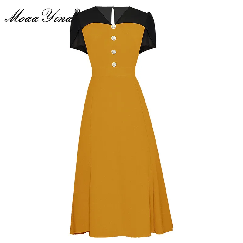 

MoaaYina New 2021 Fashion Designer Summer Dress Women V-neck Patchwork High waist Beading Elegant Mermaid Midi Dress