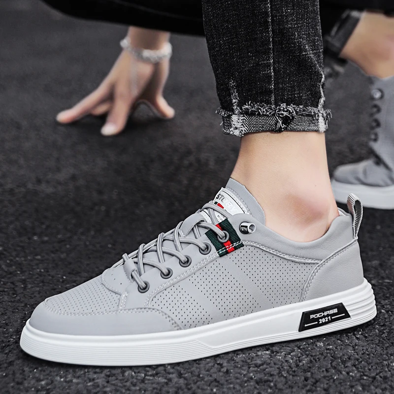 

Summer Young Boy Casual Footwear Hollow Pu Leather Men Shoes Breathable Casual Sneakers Designer Flats Shoes Man White Black