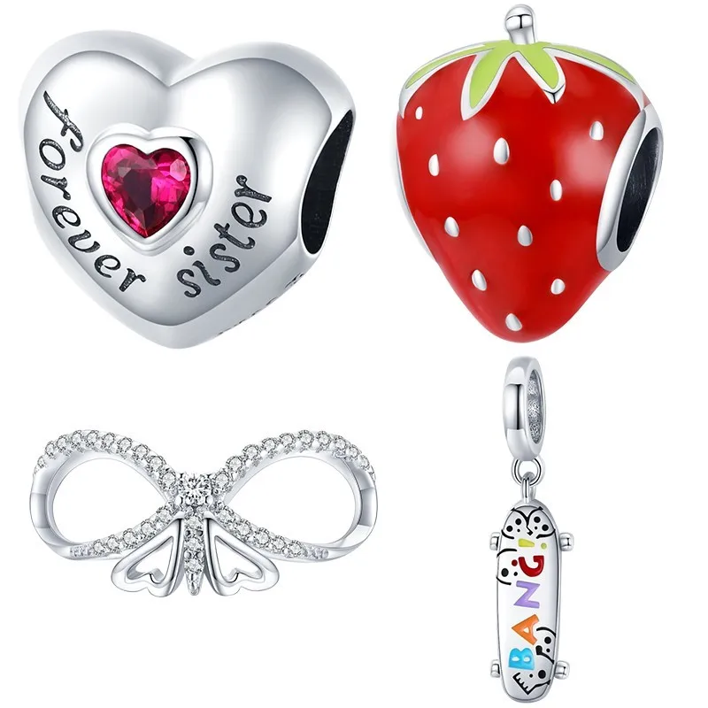

BISAER 925 Sterling Silver Forever Love Butterfly Skateboard Strawberry Beads Charm Beads Fit Women Bracelet DIY Fine Jewelry