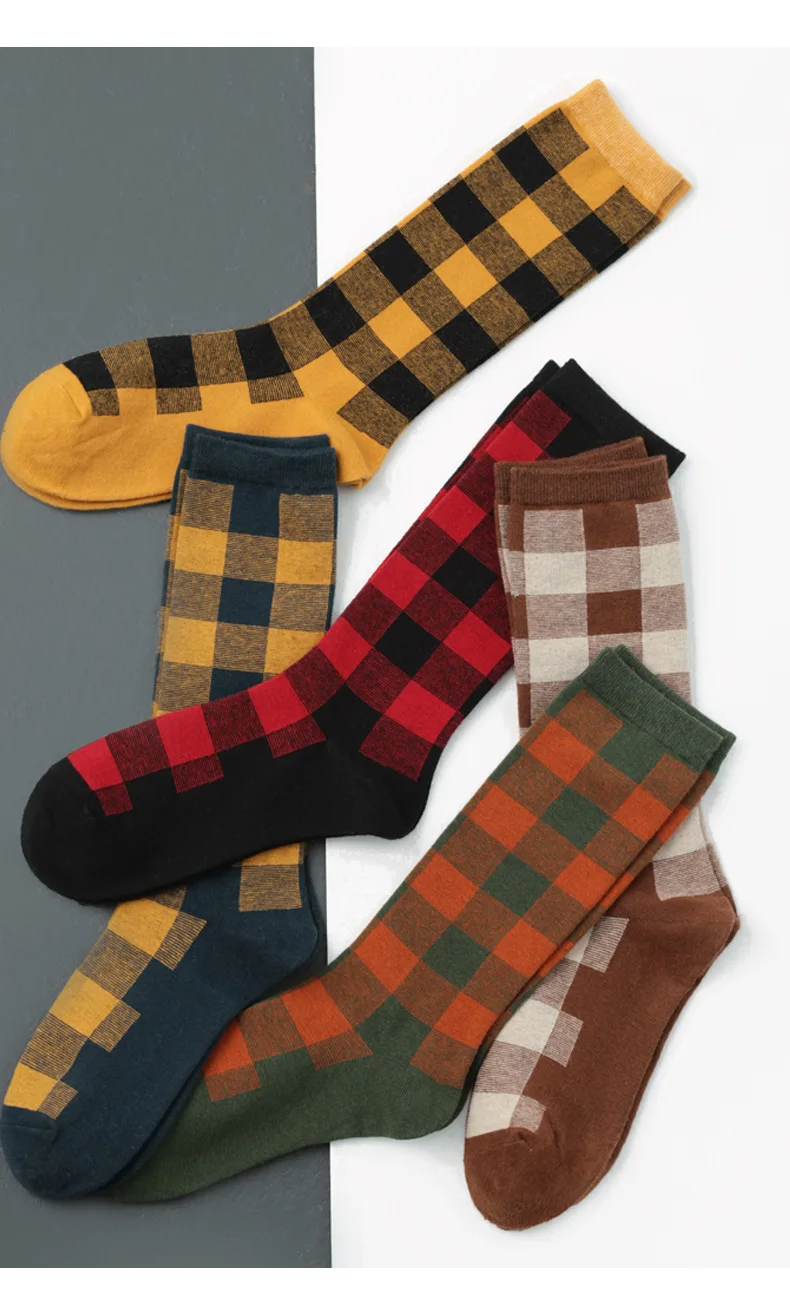 Cotton Houndstooth Crew Socks for Women 5 Pairs/ Lot Plaid Sock Striped Letters Print Knee-high Warm Thick Winter Socks