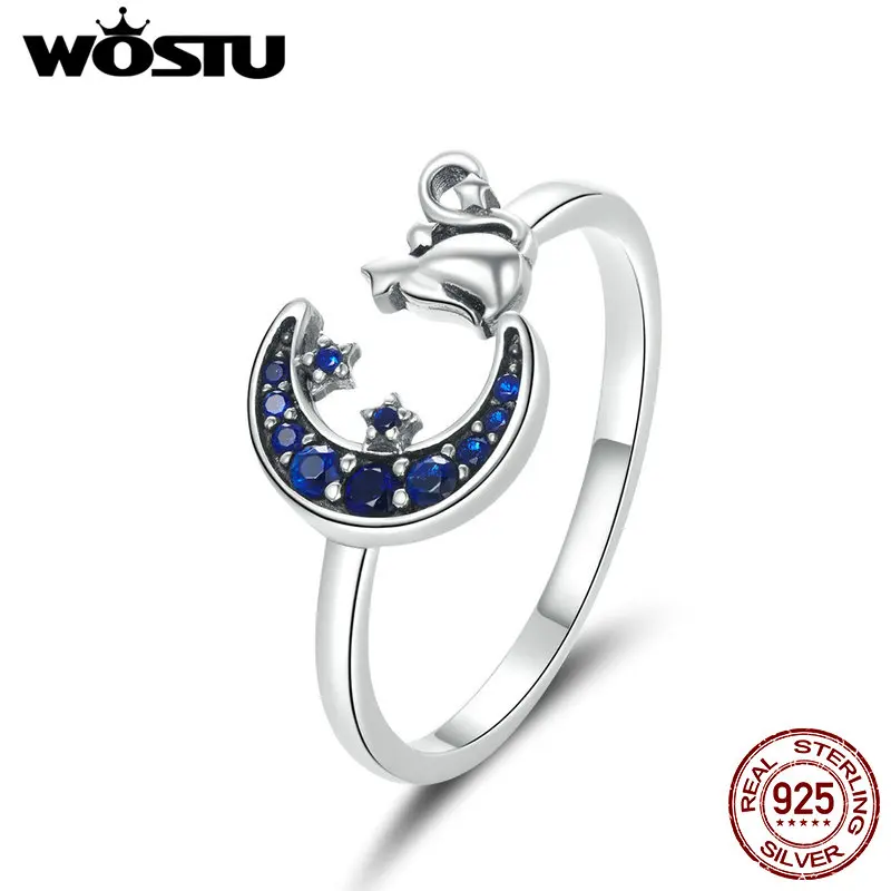 Женское кольцо WOSTU Moon & Cat регулируемое с 925 пробы серебряным и синим цирконием