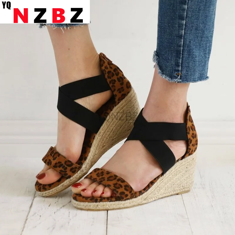 

2021 Summer New Women's Shoes Fashion Trend Solid Color Leopard Print Cross Open Toe Back Zipper Slope Heel Comfortable Sandals