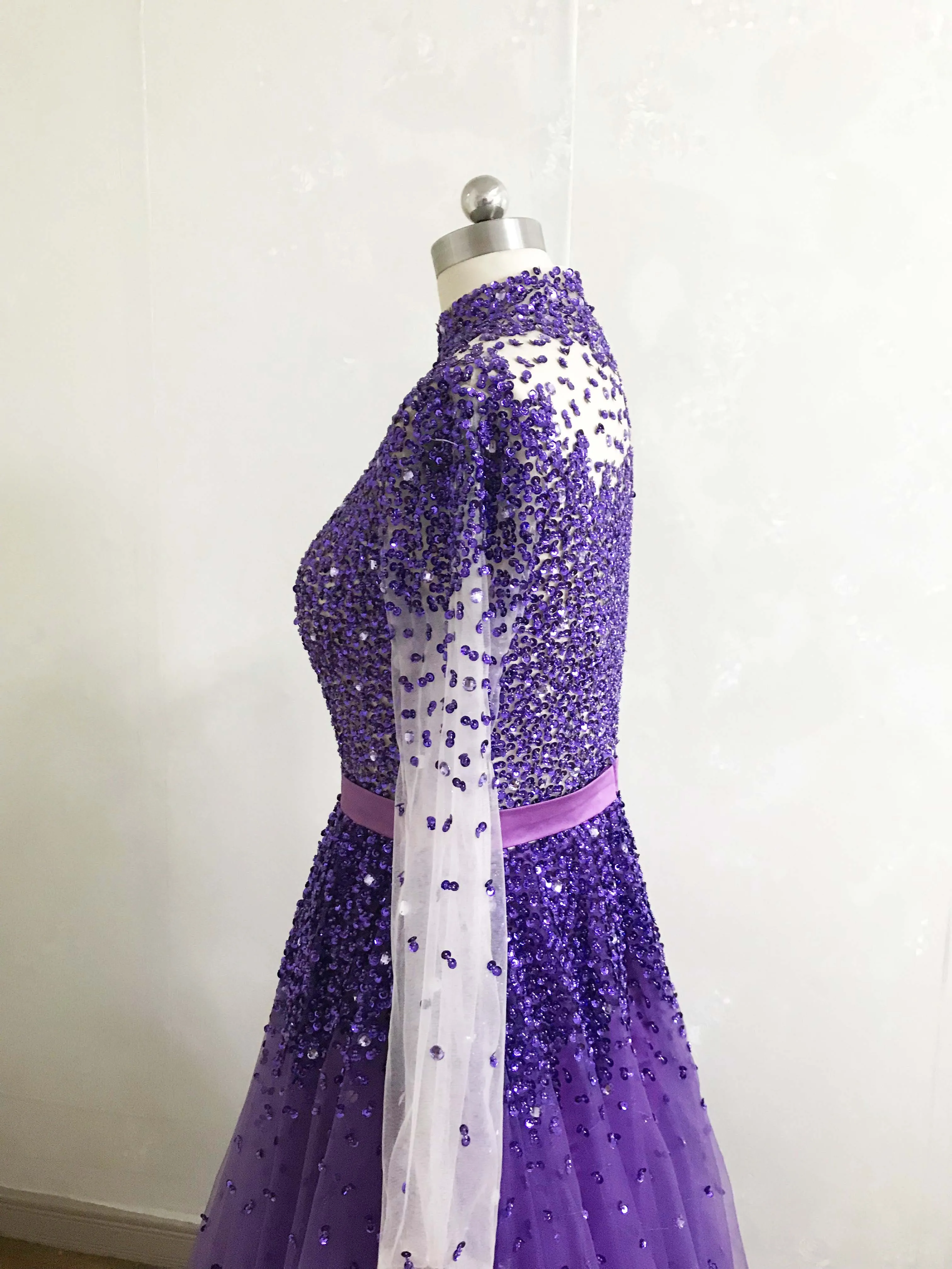 Best Selling Purple High Collar Beaded Heavily Long Sleeve A Line Prom Dresses