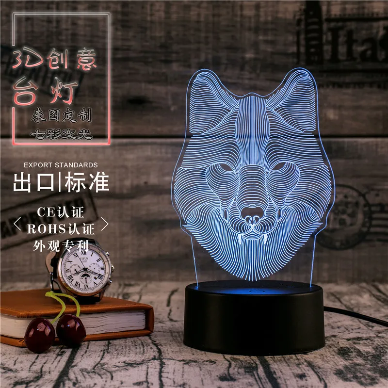 Светодиодный ночник 3D настольная лампа прикроватный светильник волк