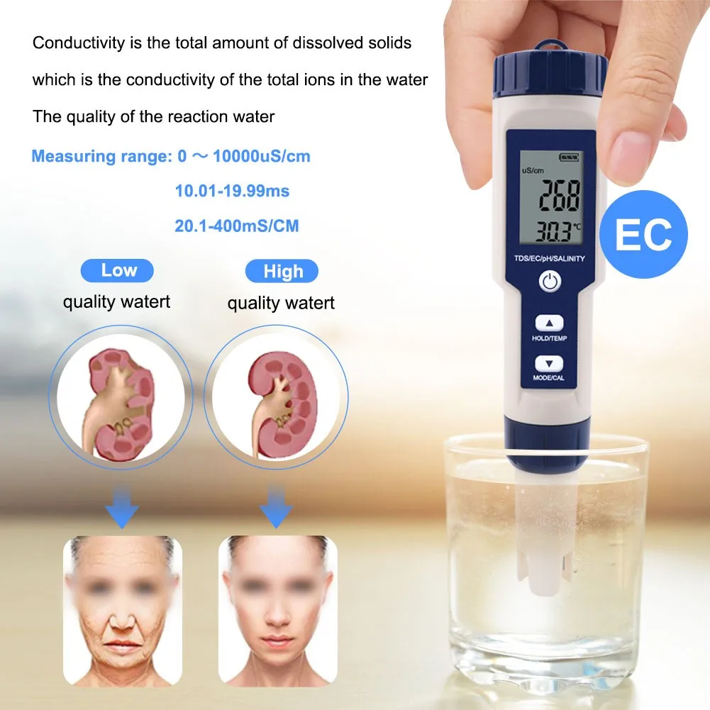 

5 In 1 Digital Water Quality Tester Pen EC PH Salinity Temp Meter Detector Multi-functional Water Quality Test Pen Monitor New