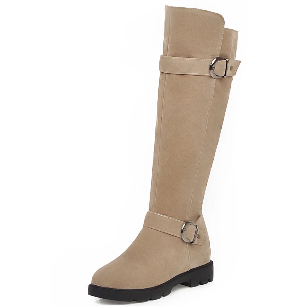 

Wholesale On Sale High Quality Stylish Shoes Round Toe Bcukle Straps Low Heels Zip Knee High Boots Short Plush Solid Flock