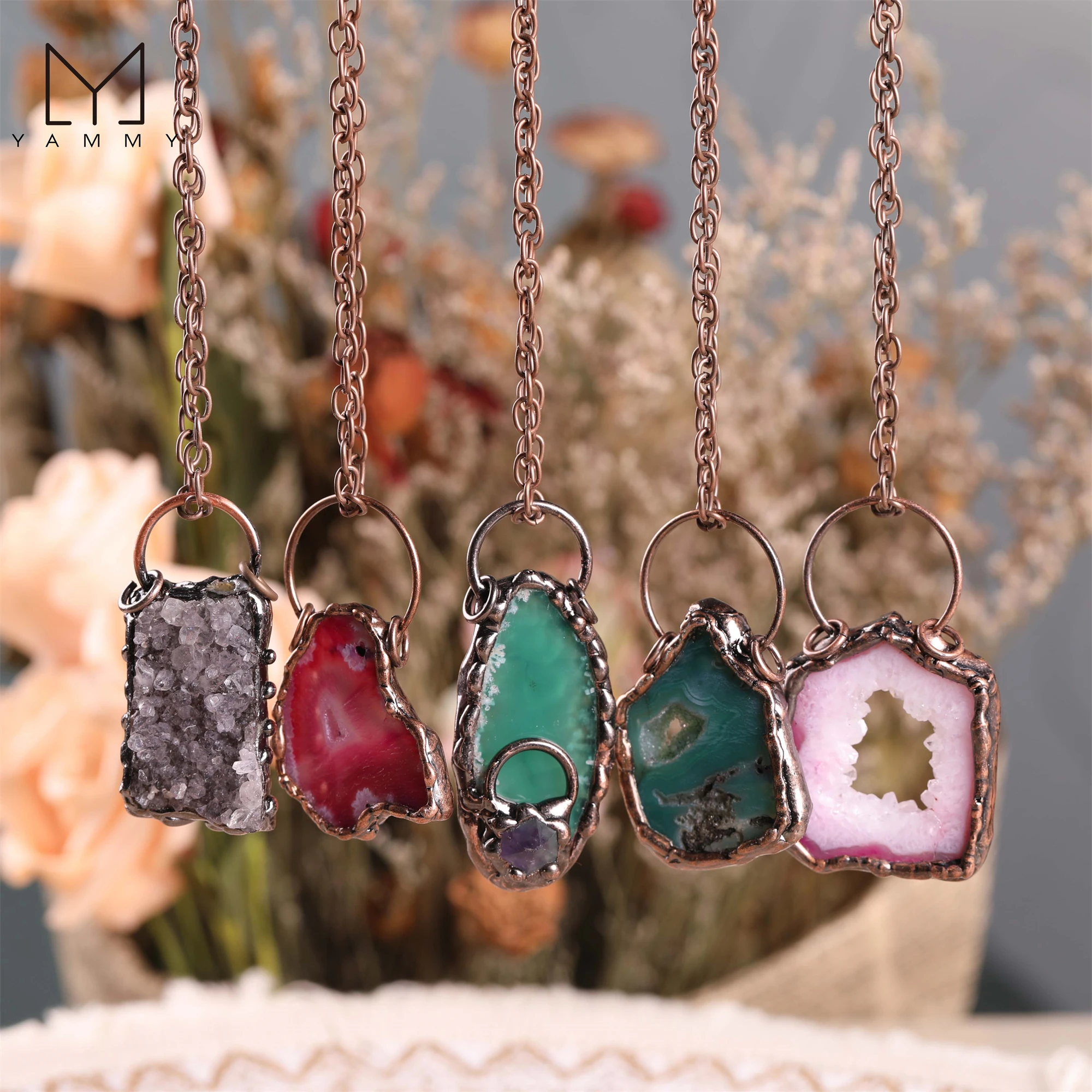 

Ожерелье Yammy из цветного агата и хрусталя, подвеска из античной меди, волшебная медная цепочка для медитации, Винтажные Украшения