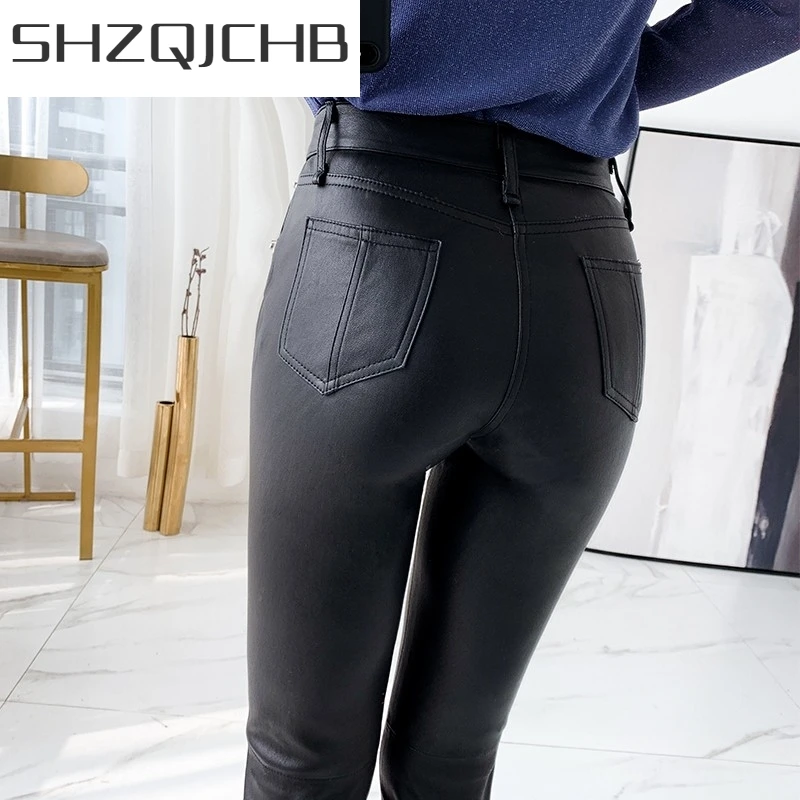 

JCHB 2021 Sexy Women Matte Leather Push Up Skinny Pencil Pants Office Ladies Stretchy Long Trousers Luxury Sheepskin Genuine Lea