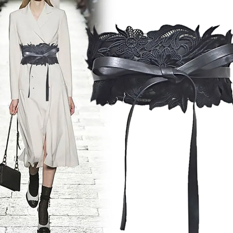 

Women Bow Lace Belt New Corset Wide Belts for Women Black White Female Self Tie Obi Cinch Waistband Wedding Dress Waist Band