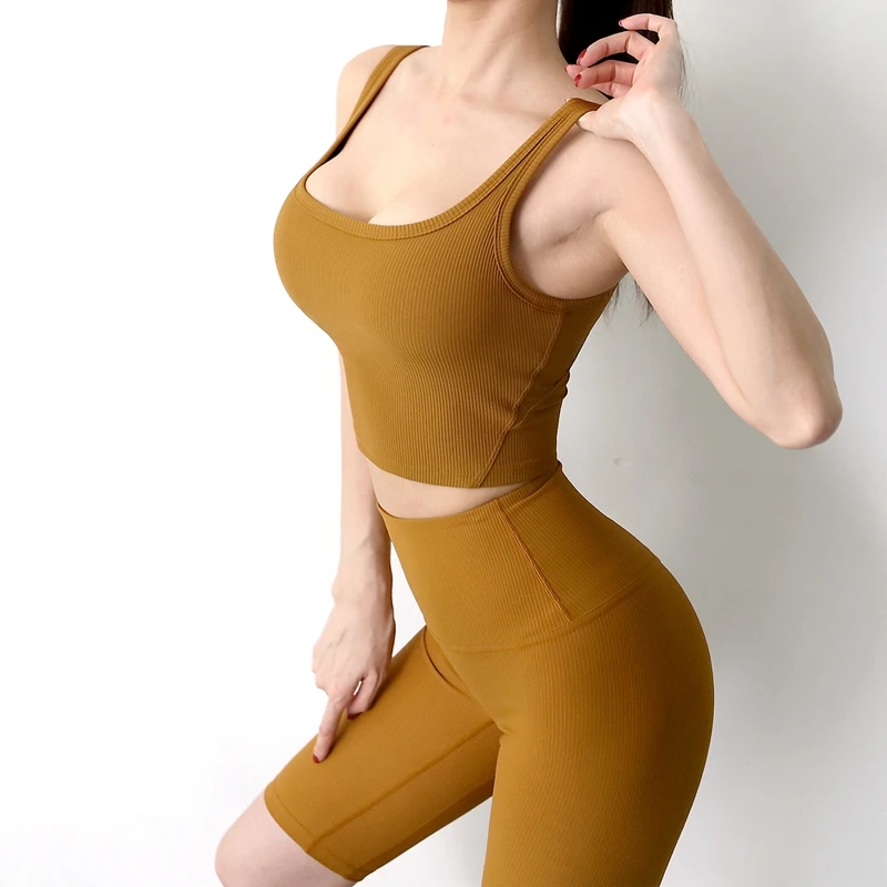 

Woman Sportswear Lightweight High Elastic Ribbed Gym Fitness Training Yoga Set Bra and Shorts
