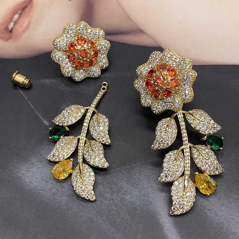 

Luxury sunflower flower earrings inlaid zircon colored diamond leaf tassel earrings wild net red earrings
