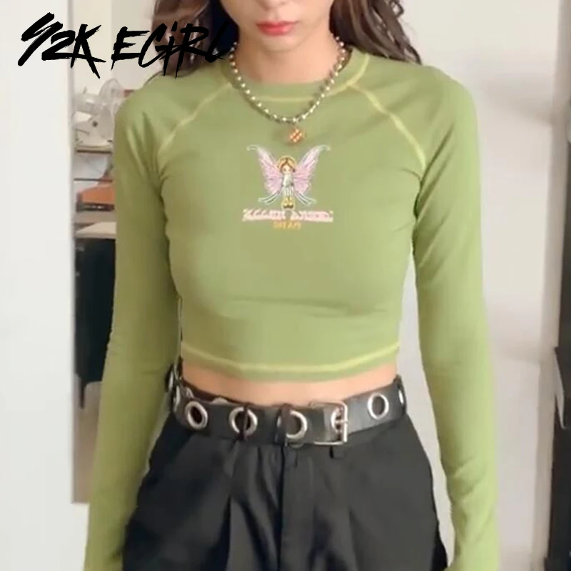 Y2K EGIRL Kawaii укороченные футболки с графическим принтом спереди Осенние зеленые