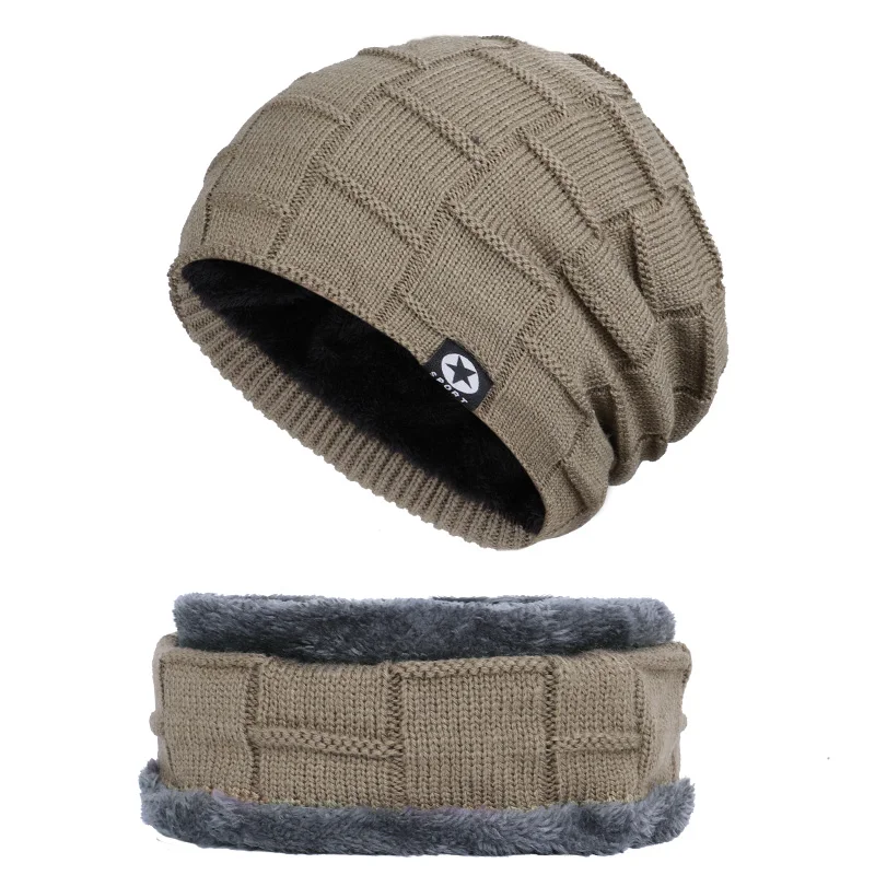 Khaki-1 Новинка, брендовая мужская зимняя вязаная шапка, шарф, 2 шт, для мужчин/женщин, толстая подкладка, плюс бархатные шапки, Теплая мужская Мягкая шапка, Балаклава - Цвет: Khaki-1