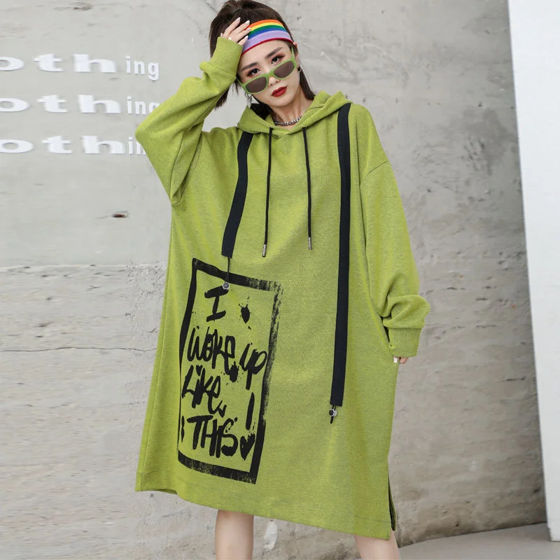 

Women's Autumn Dress Middle Length 2021 New Long Sleeve Dresses With Hat Solid Color Letter Printing 100kgs Lady Loose Clothes