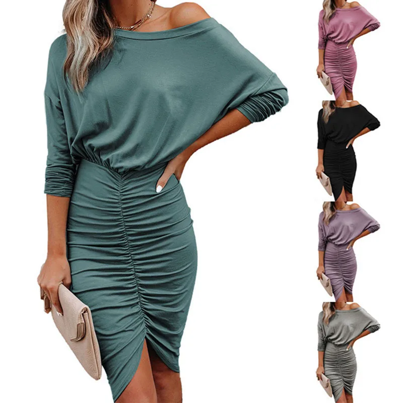 

2021 Spring Autumn New Women's Long Sleeve Folds Dress Fashion Diagonal Collarcasual Irregular Ladies Mid-length Dress Plus Size