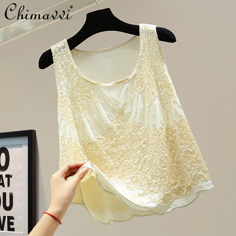 

Embroidery Sequins Beaded Sleeveless T Shirt 2021 Summer Korean Loose Slimming Solid Color Camisole Lady Mesh See Through Vest