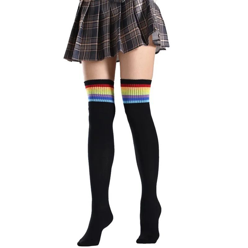 

Black White Stocking Girls Student Uniform Cosplay Costume Halloween Party Over Knee Rainbow Stockings Women Long Hosiery Sox