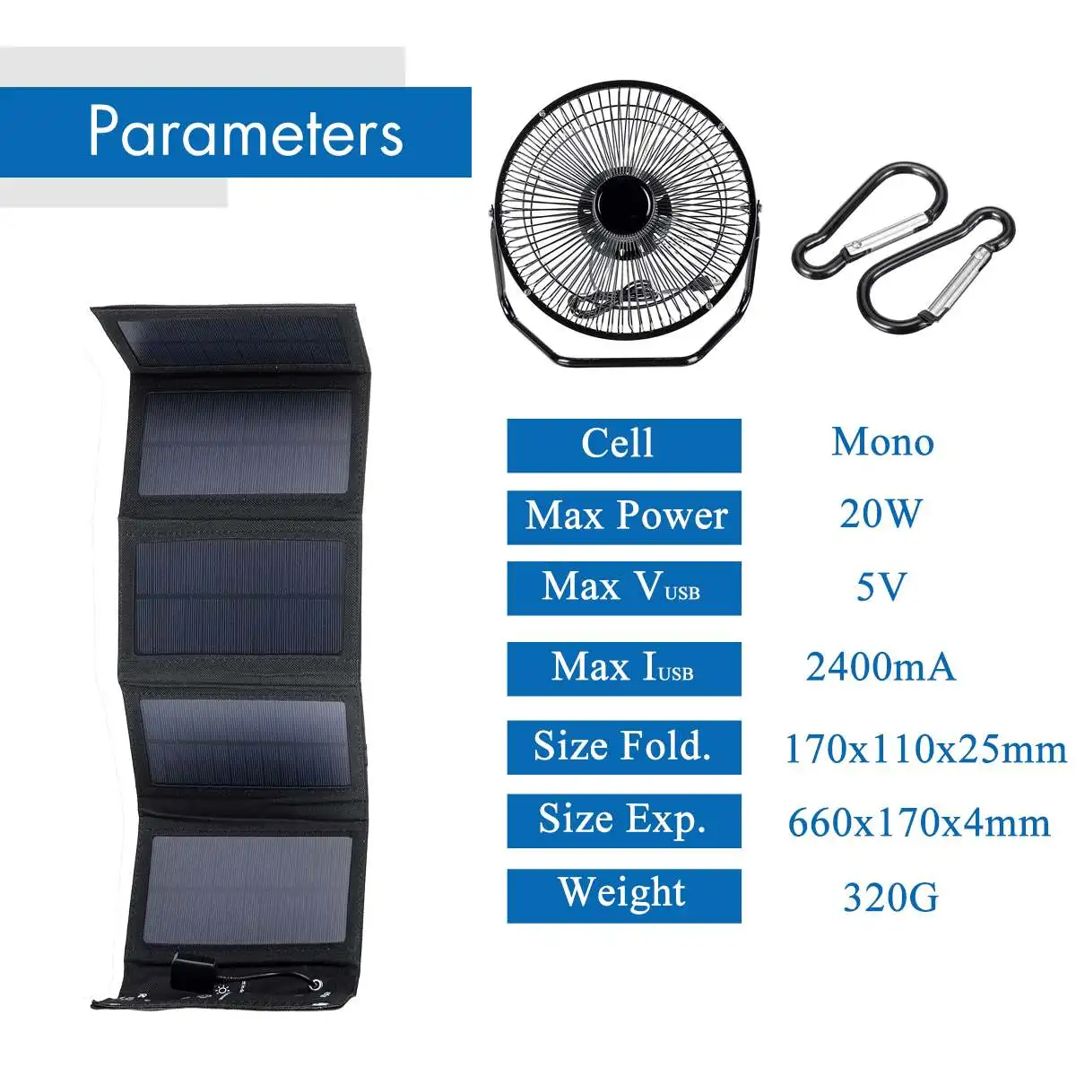 

USB Cooling Fan With 10W 5V USB Foldable Mono Solar Panel Solar Power Chager For Camping Hiking home