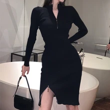 Primavera outono feminino de malha elegante vestido preto manga longa bodycon sexy magro vestidos femme moda outerwear roupas (4)