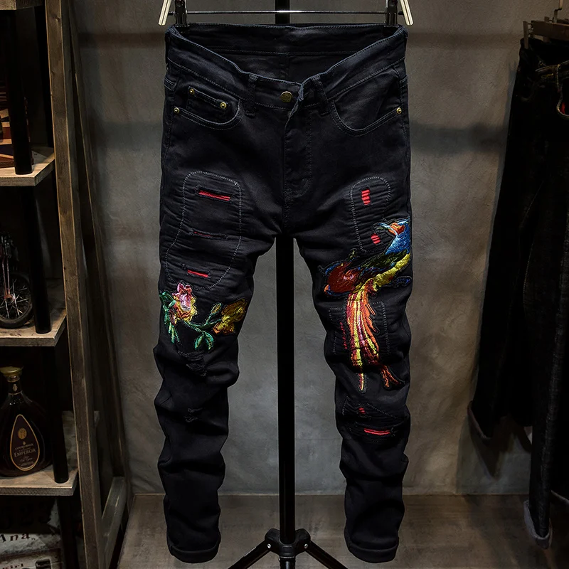 Erkek джинсы Pantolon Wind Phoenix с вышивкой мужские черные тонкие маленькие прямые