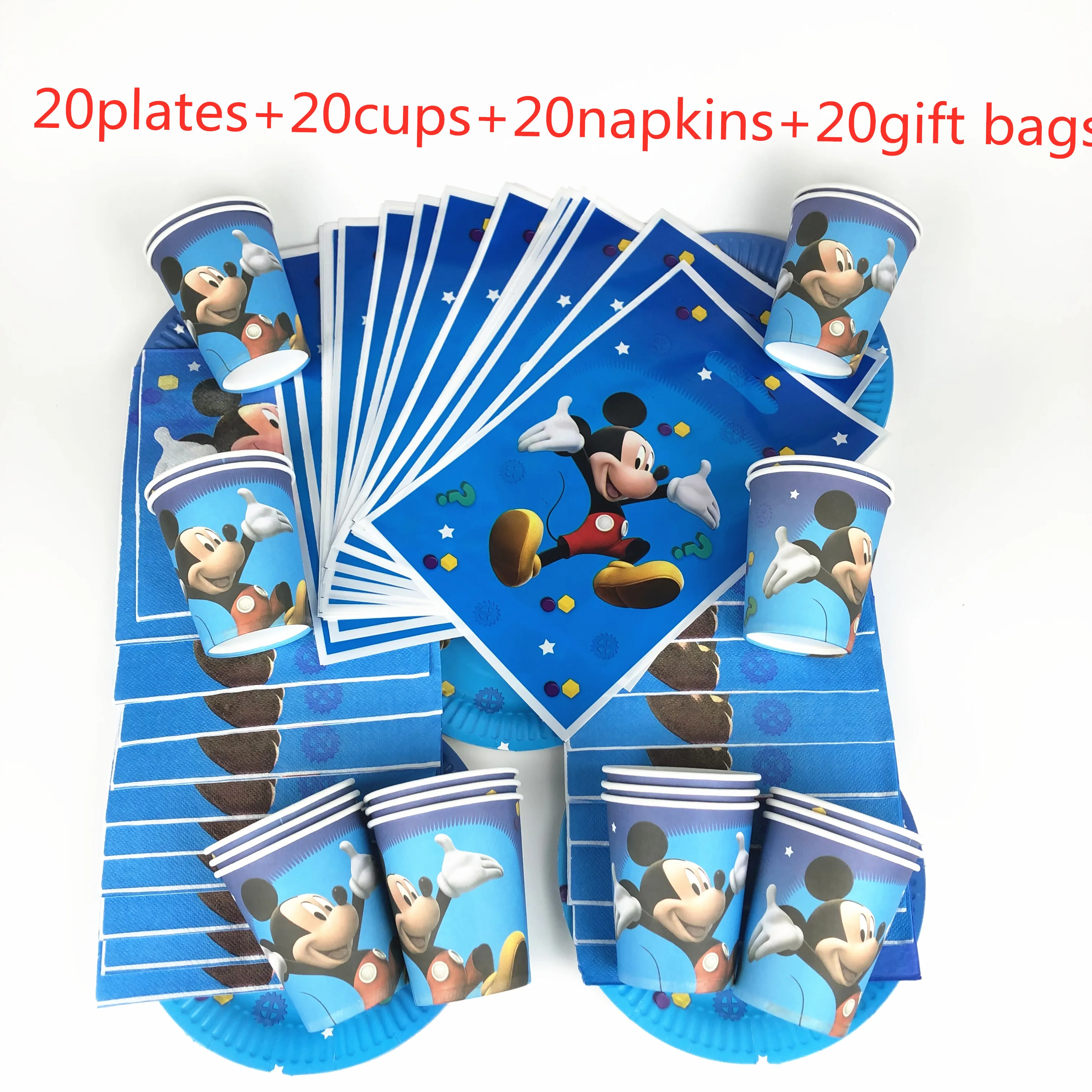 

80Pcs Cartoon Disney Mickey Mouse Disposable Tableware Kids Birthday Party Decoration Paper Plate+Cup+Napkin+gift bags Supplies