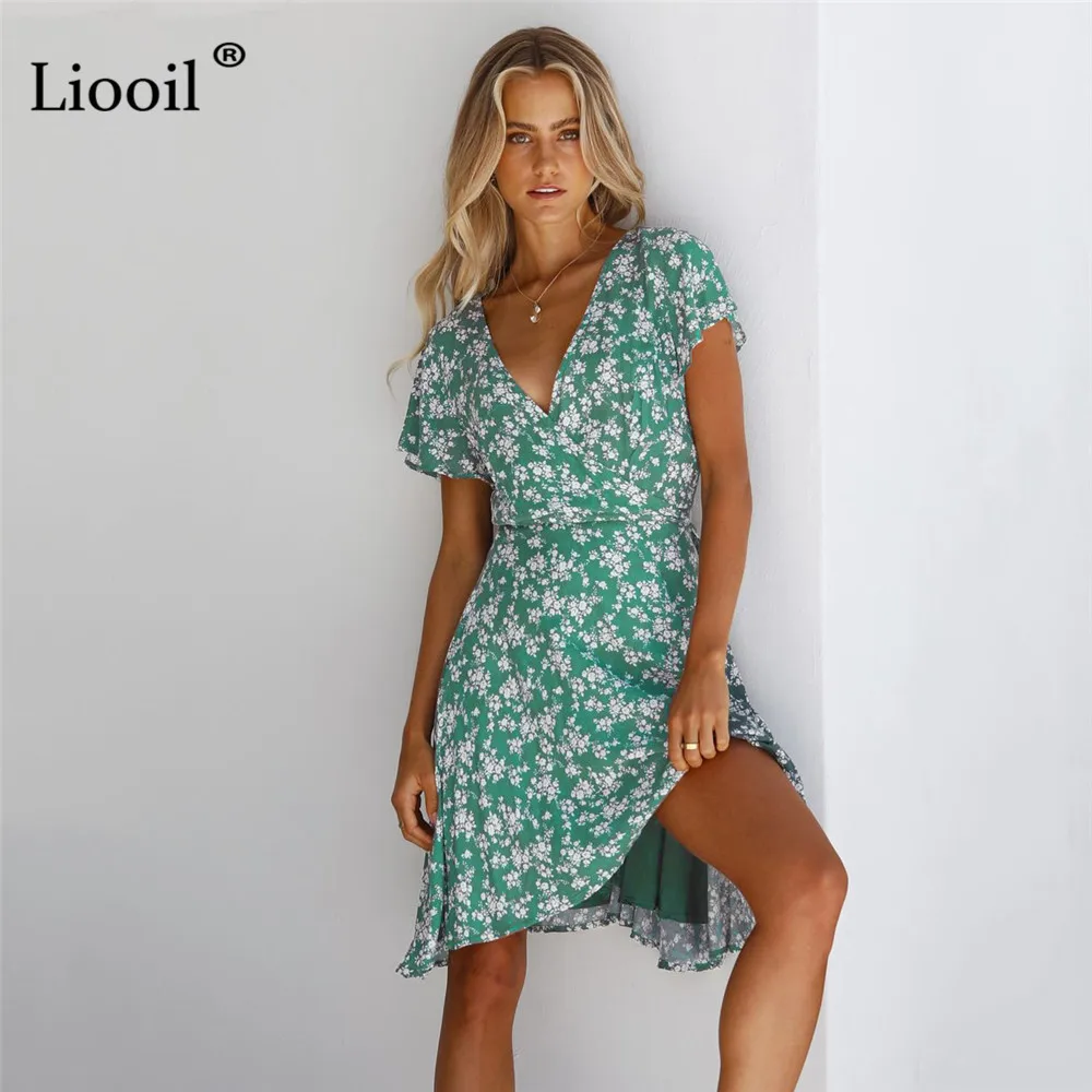 

Пляжное мини-платье Liooil с цветочным принтом, летние женские повседневные платья с V-образным вырезом и коротким рукавом, сексуальный бандаж ...