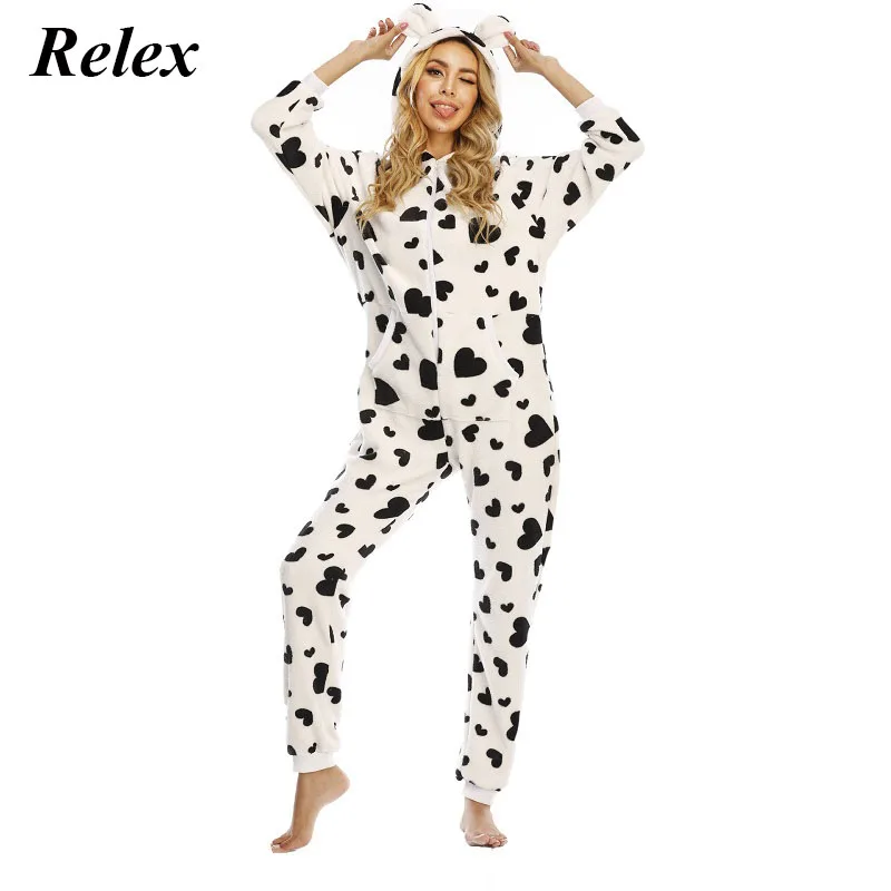 

Women's Heart-Shaped Printed Flannel One-Piece Home Wear Pajamas Ladies 2021 Autumn Winter New Plush Warm Loose Casual Sleepwear
