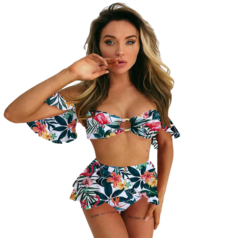 

Bikini Push Up Print Swimwear Women Ruffle Swimsuit bikini mujer 2020 High Waist Bikini Set Solid Summer Bathing Suit