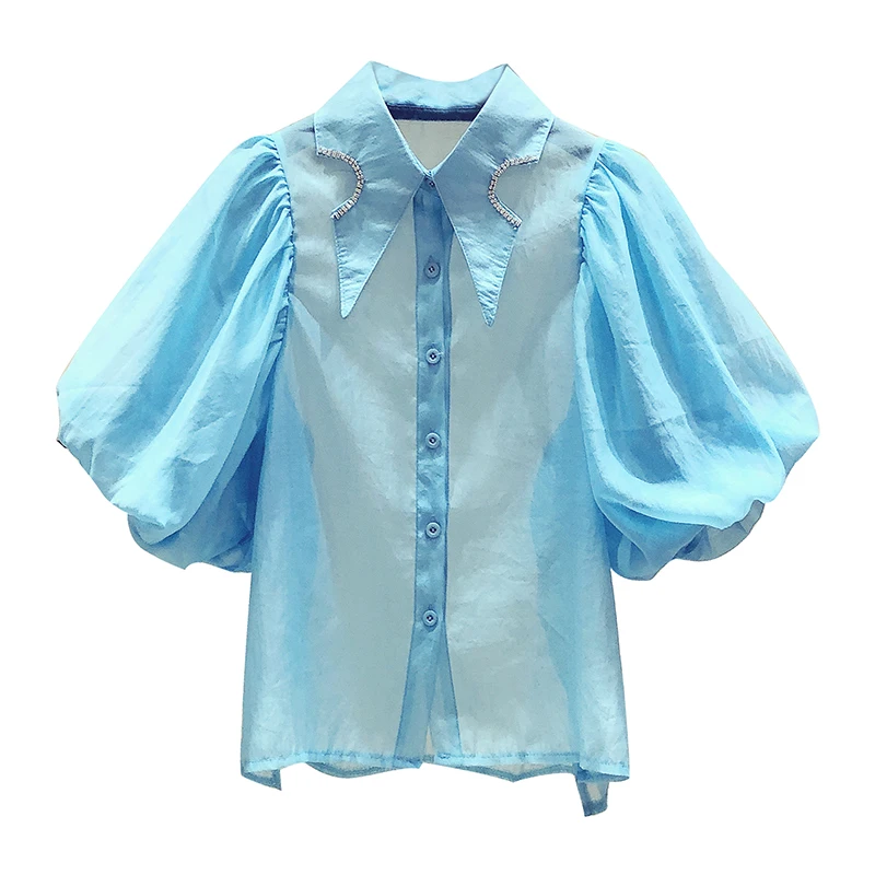 

Vintage Chiffon Shirts Girls Tops 2021 Summer Blouse Women Short Sleeve Loose Blouses Diamonds Lapel Casual Shirts Femme Blusas