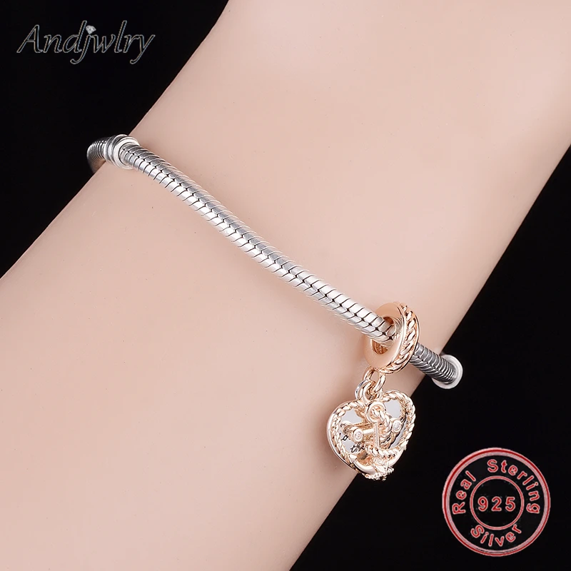 925 пробы Серебряные Оригинальные Подвески Пандора браслет Веревка сердце и Якорь