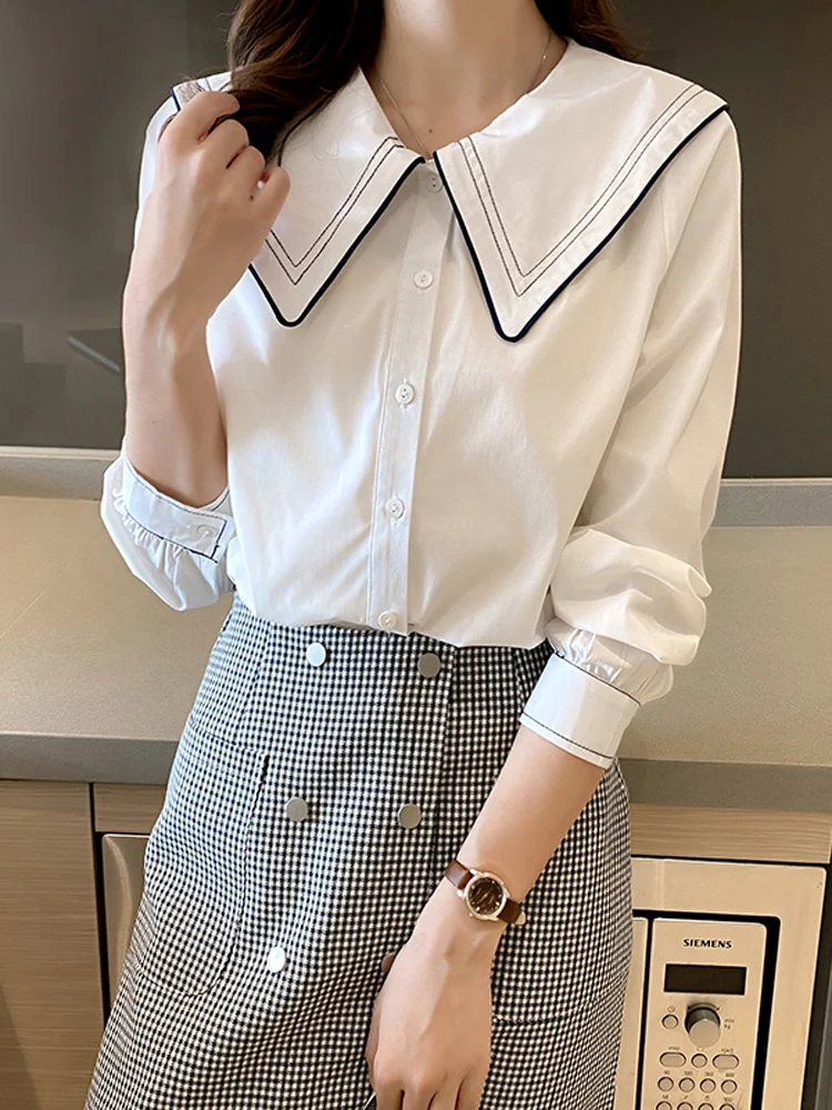 

Houthion Women's Blouse Casual Shirt New Long-sleeved Doll Collar Spring and Autumn Cotton Chiffon Blusas Fashion Tops